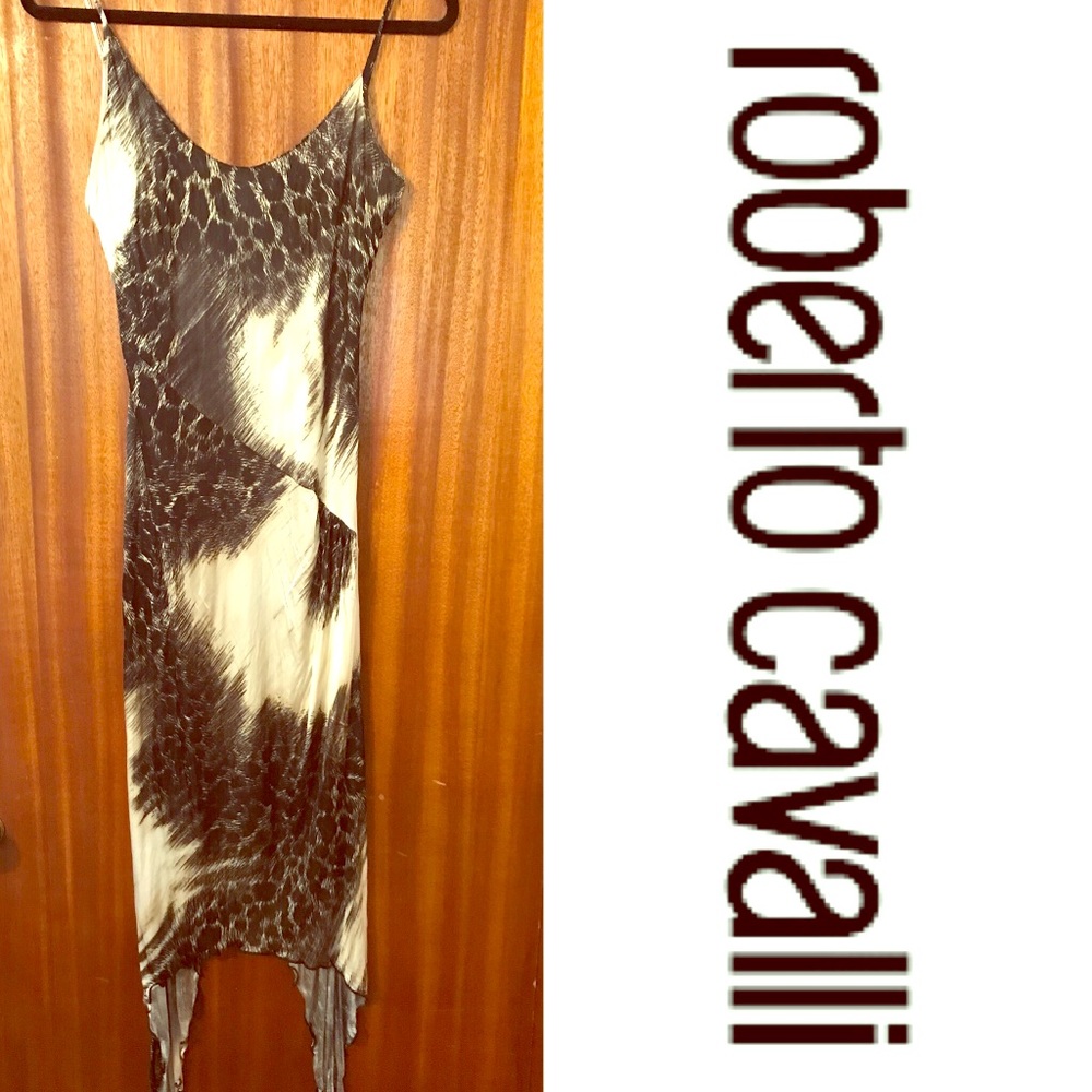 Vintage Y2K Roberto Cavalli Snake Print Asymmetrical Slip Dress IT 46 US 12